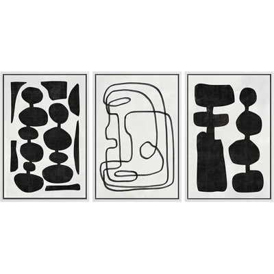 «Retro Mid-Century Boho Duotone Collage Abstract Shapes Illustration», ensemble de 3 peintures encadrées sur toile flottante