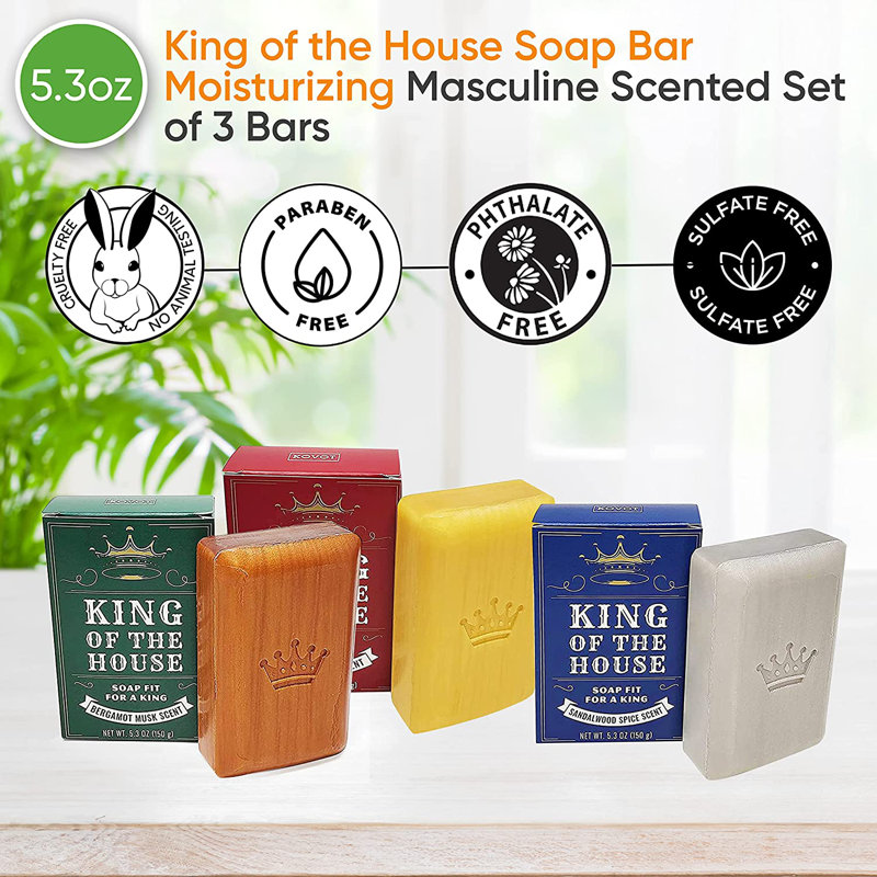 Ensemble de 3 barres de savon King of the House en forme de barre dorée, argentée et en bois