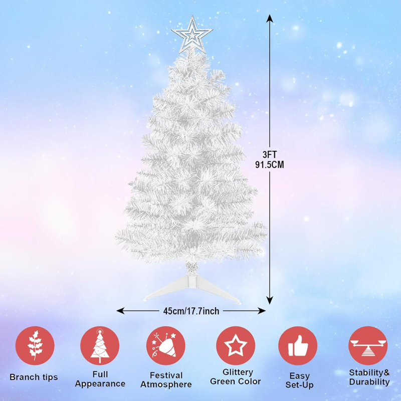 Mini-arbre de Noël artificiel blanc de 3 pi pour la maison, le bureau, la décoration intérieure et extérieure, la décoration des Fêtes, les charnières en métal faciles à assembler et la base pliable.