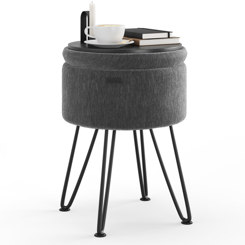 Modern Round Storage Ottoman Side Table, Gray Velvet, Black