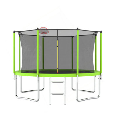 12FT Trampoline Green For Kids & Adults With Basketball Hoop And Ball ,Recreational Trampolines With Safety Enclosure For Back Yard Outdoor