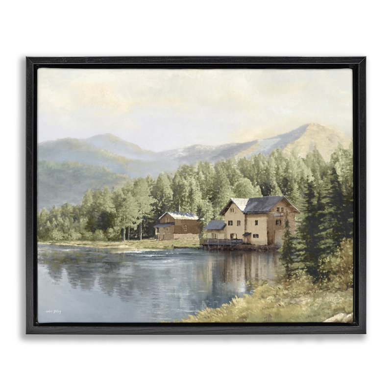 Art mural sur toile flottante avec vue sur la montagne Lakeside, Cadre flottant noir de jais, H 17 po x l 21 po