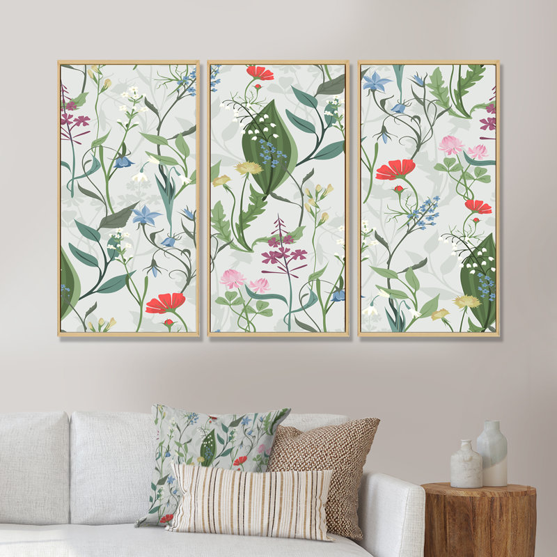 Herbes et fleurs sauvages - 3 pièces, reproduction sur toile, H 20 po x l 36 po x P 1 po, Cadre brun