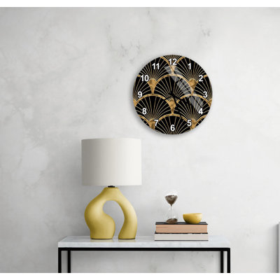 Horloge murale de style Art déco noir doré, horloge ronde en verre trempé, chiffres romains, décoration intérieure élégante, conception de ventilateur géométrique de luxe