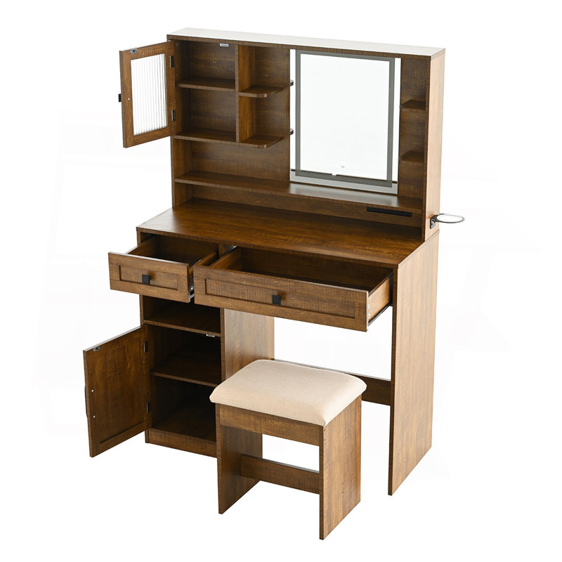 Bureau de coiffeuse de maquillage de ferme avec miroir et lumières, ensemble de coiffeuse avec station de charge et tabouret, tiroirs, tablettes et armoire d'appoint, brun rustique