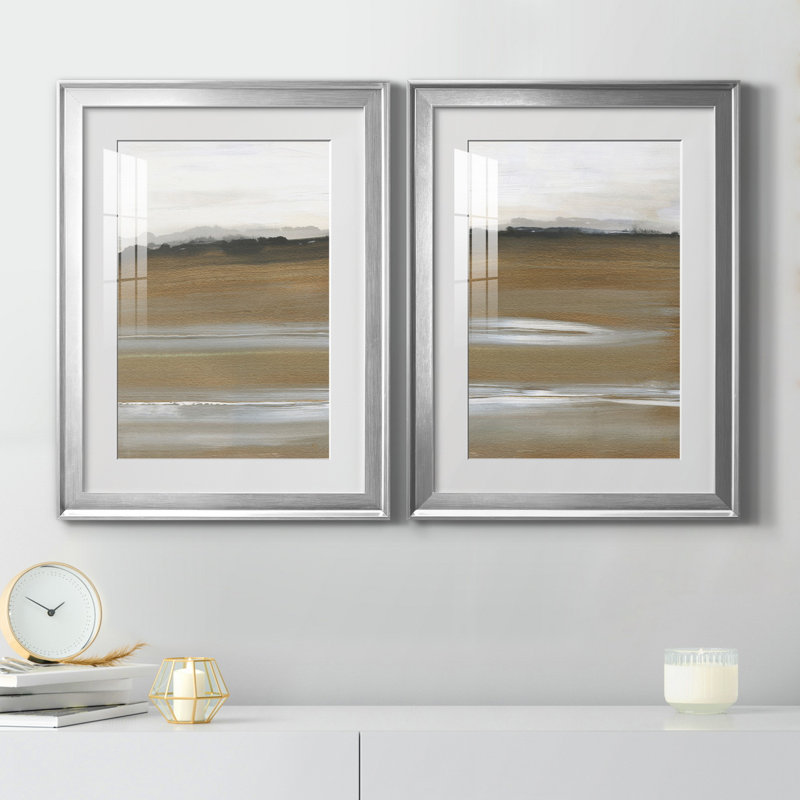 «Field of Gold I», ensemble de 2 reproductions d'art, H 22,5 po x l 61 po x P 1,5 po, Papier avec cadre argenté, Blanc