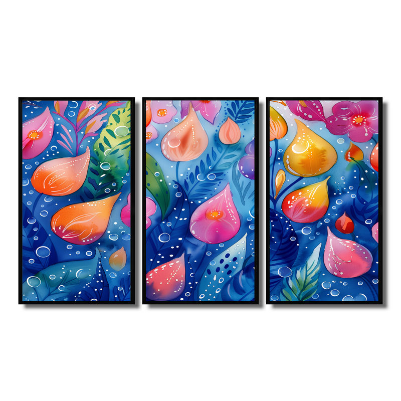 «Pink Blue Flowers Under Water I - Aquariums», ensemble de reproduction d'art mural, Toile avec cadre flottant noir