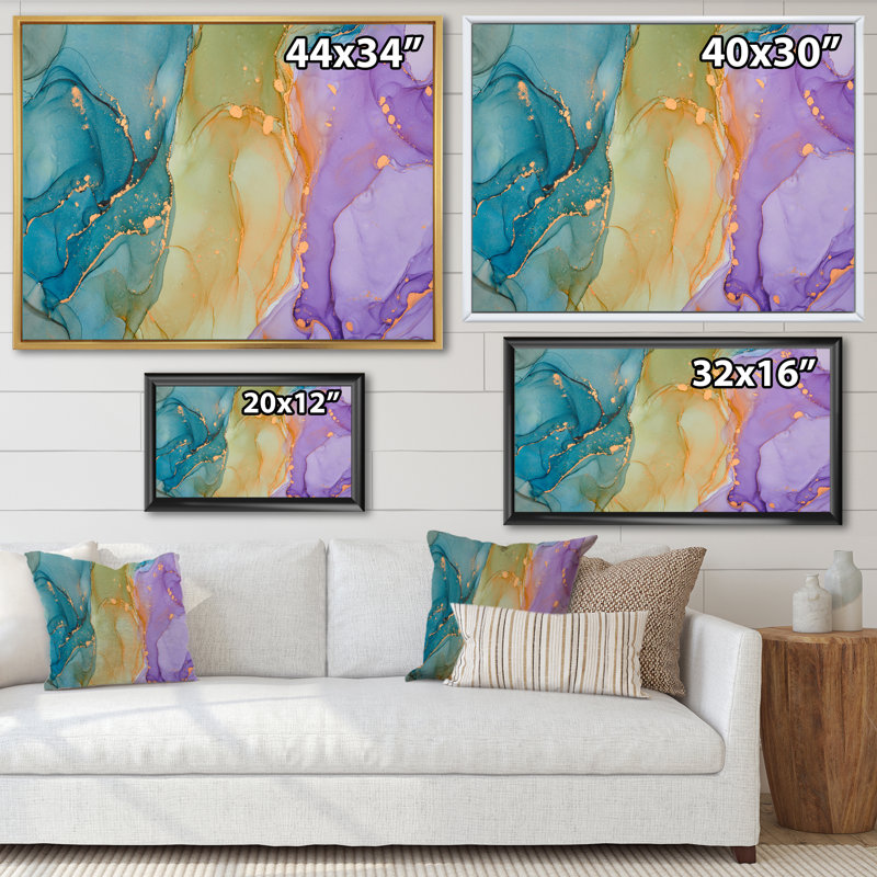 Art liquide bleu et mauve - reproduction sur toile, Cadre flottant blanc, H 16 po x l 32 po x P 1 po