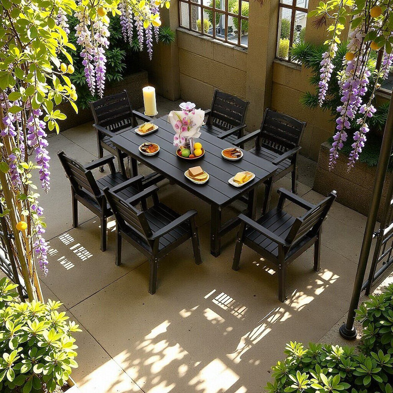 Ensemble repas d'extérieur Hdpe avec 6 chaises, trou pour parasol, imperméable et durable, Noir