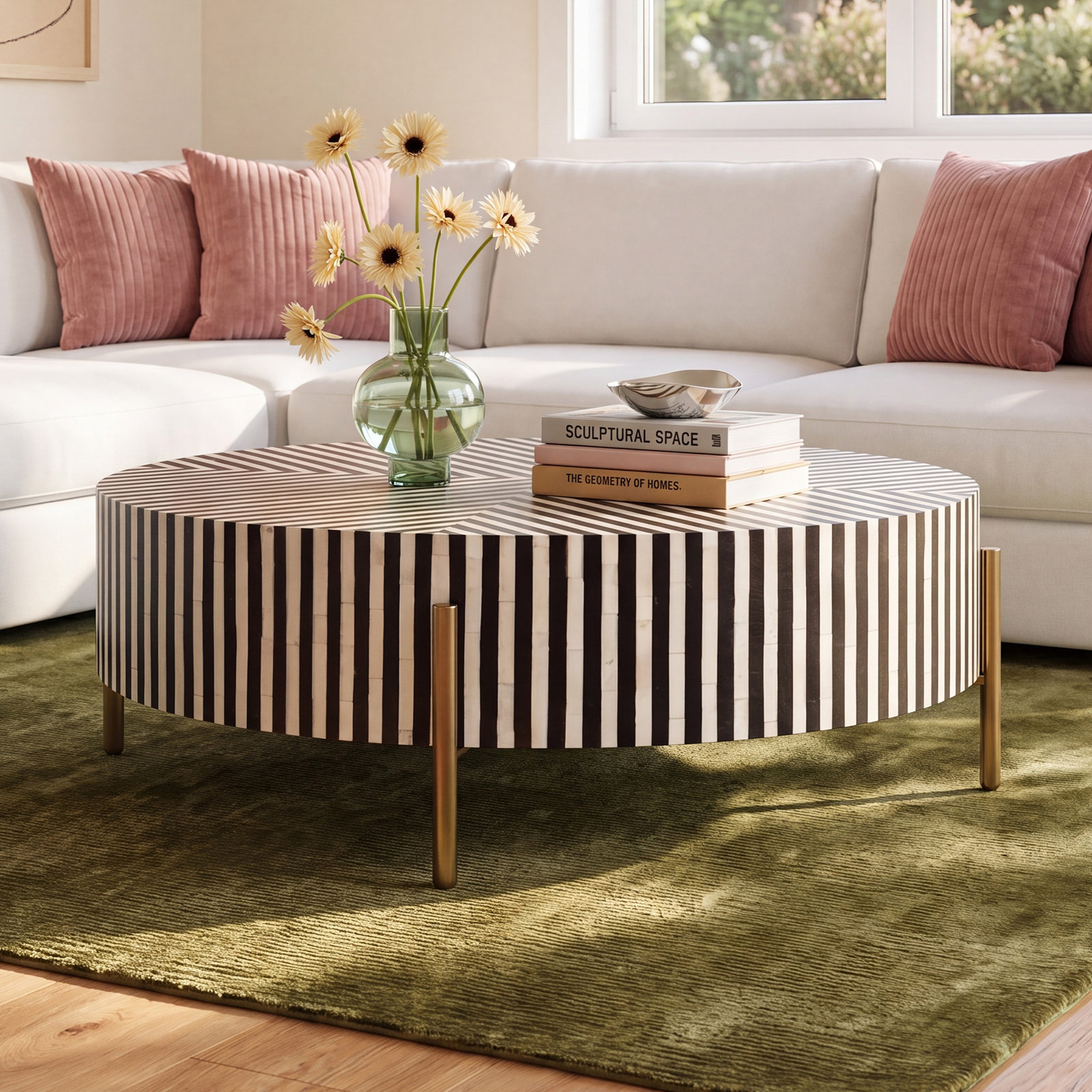 Bron 48" Bone Inlay Coffee Table, 12" H x 36" L x 36" W