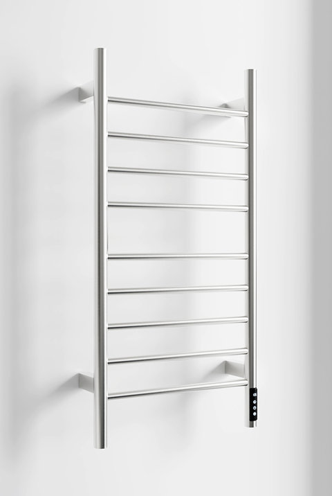 Wall-mounted silver heated towel rack with ten horizontal bars and a digital control panel on the right side.