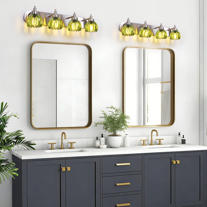 4-Light Vintage Vanity Light With Tulip Green Glass Shades - Bathroom Armed Wall Sconce For Bedroom, Kitchen, Living Room & Washroom