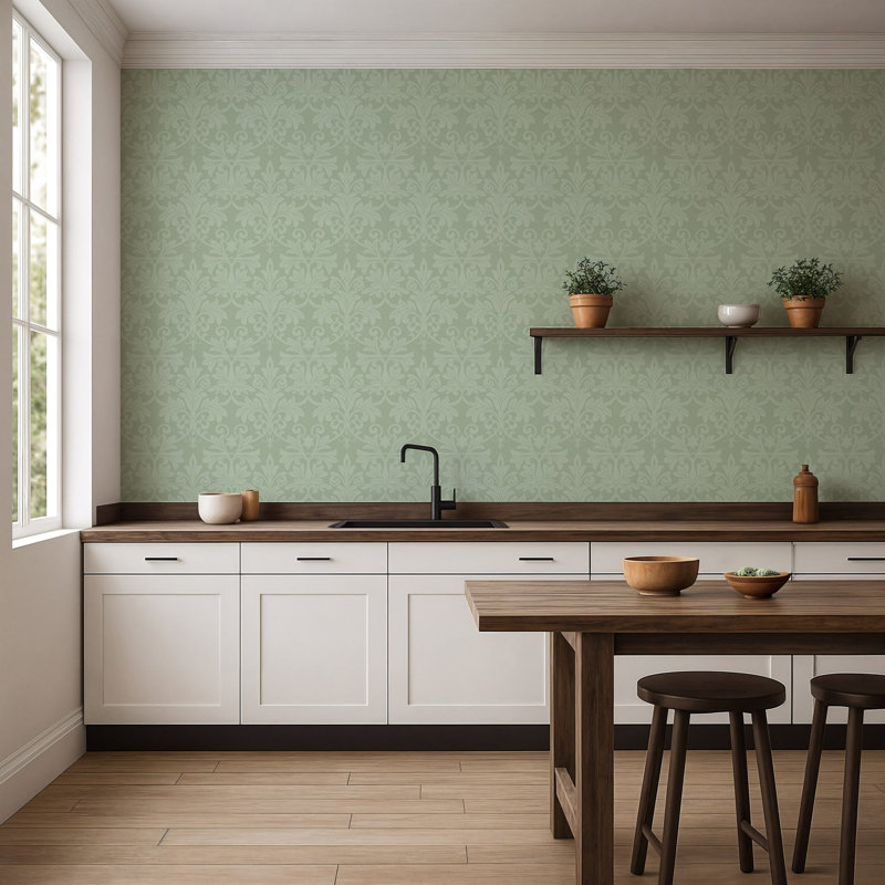 Rococo Relief - Wallpaper, Misty Green, Faux Grasscloth