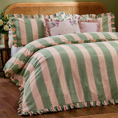 Birdie Stripe Cotton Blend Striped Duvet Cover Set with Pillowcases