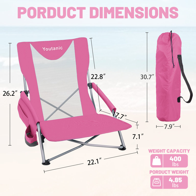 Chaise pliante Beach Beach avec sac isotherme et porte-gobelet, support 350 lb (paquet de 2), Pink