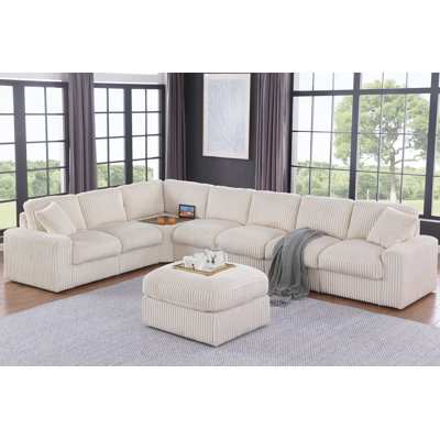 Olathe Daisy Corner Modular Sectional Sofa With Table Cupholder Console, USB Port And Ottoman