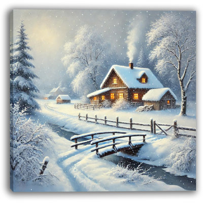 «Cozy Winter Cottage: Snowy Landscape», impression sur toile