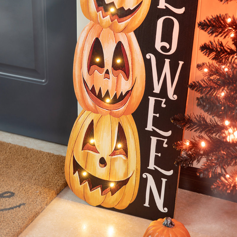 42"H Lighted Halloween Wooden Stacked Pumpkins Porch Sign With Timer