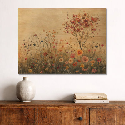 Red Summer Wildflowers Meadow Horizon - Floral Round Wood Wall Decor