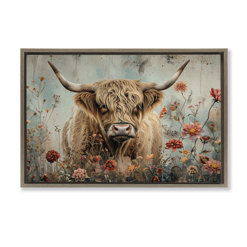  Toile flottante encadrée Spring Blooms Highland Cow par LSR Design Studio, H 21 po x l 31 po, Cadre flottant orme Montalcino