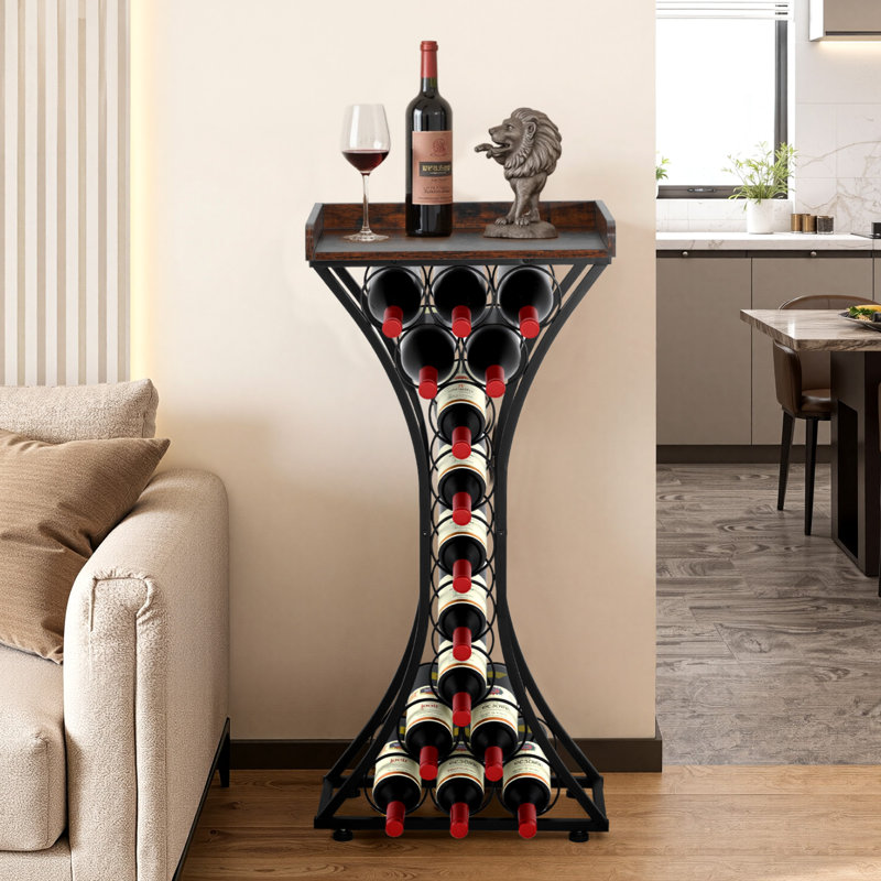 15 Bottle Wine Rack, Freestanding Floor Wine Holder Stand Liquor Cabinet with Wood Tabletop, Easy Assembly Floor Storage Rack, For Home Bar Kitchen Living Room Dining Room, Black