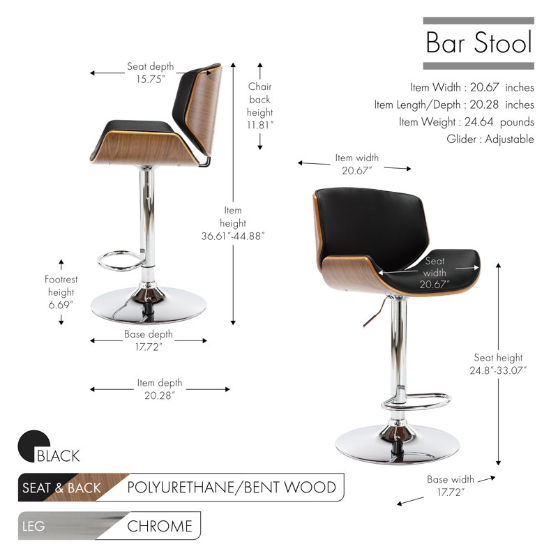 Katalyn Swivel Adjustable Height Bar Stool, Black