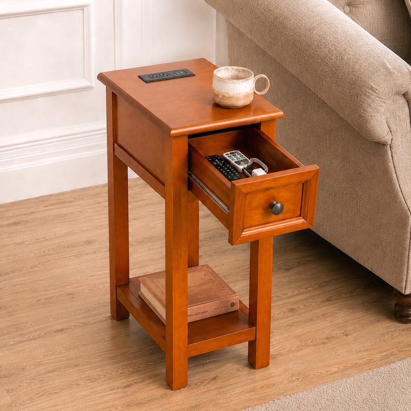 End Table With Drawer and Shelf, Mission-Style, Veneers and Wood Construction Walnut Color for Living Room and Bedroom