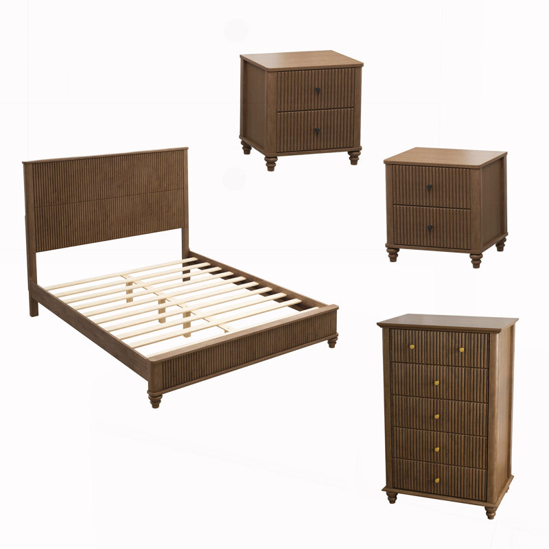 Ensemble de chambre à coucher 4 pièces avec lit grand, Noyer, Grand lit