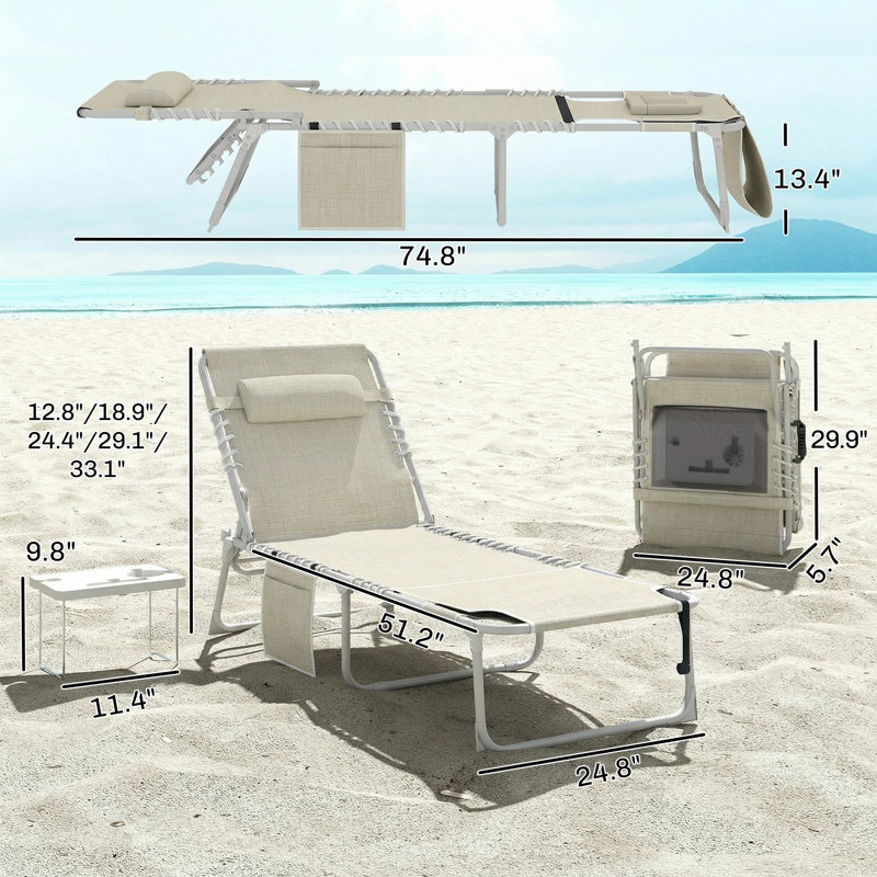 Tanning Chair With Face Hole And Side Table, 5-Position Folding Outdoor Chaise Lounge Chair, Beige, Beige, 1