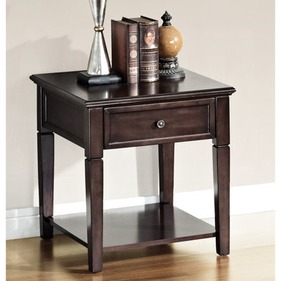 Elegant Walnut Wood Finish End Table With Open Shelf And Drawer Functional Storage