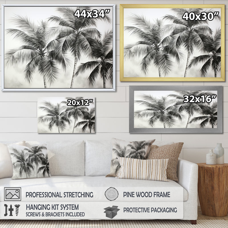 Black and White Palm Tree Canvas Print with Black Frame