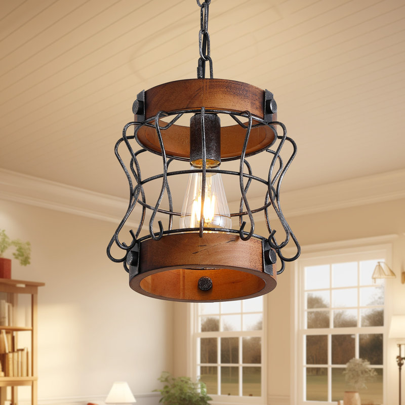 9" Farmhouse Pendant Light With Adjustable Chain, Wood & Metal Cage Design, Yes 