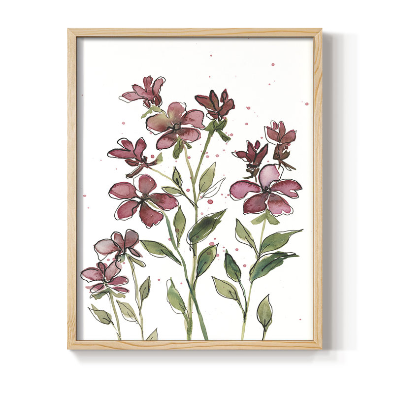 Aquarelle sur tiges florales II, reproduction encadrée - bois massif, H 30 po x l 24 po