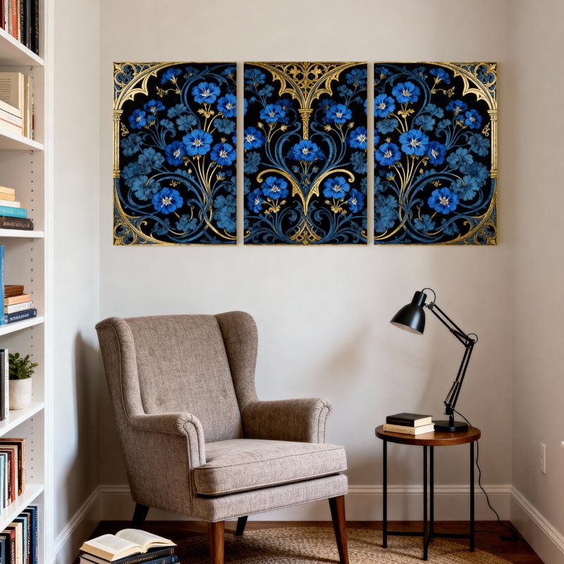 Plantes et fleurs fleurs bleues or ornement fond noir Design élégant trois panneaux d'art ensemble de 3 impressions sur toile