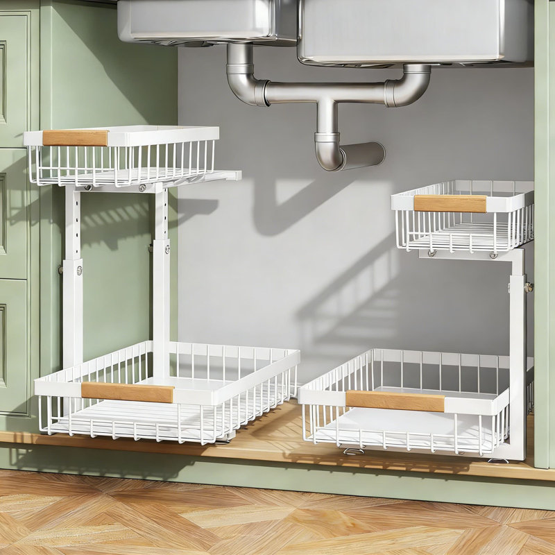 Rangement sous l'évier avec tablettes coulissantes, rangement à 2 niveaux pour armoire coulissante, tiroir coulissant en métal robuste pour la cuisine, la salle de bain, le garde-manger et le placard
