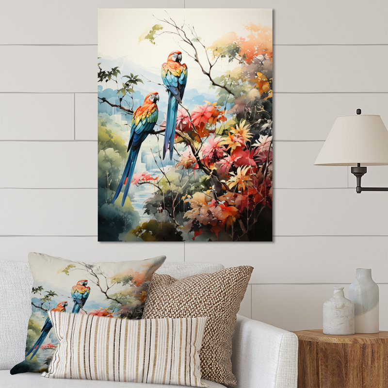 Décoration murale en métal «Deux perroquets sur une branche II», H 20 po x l 12 po x P 1 po