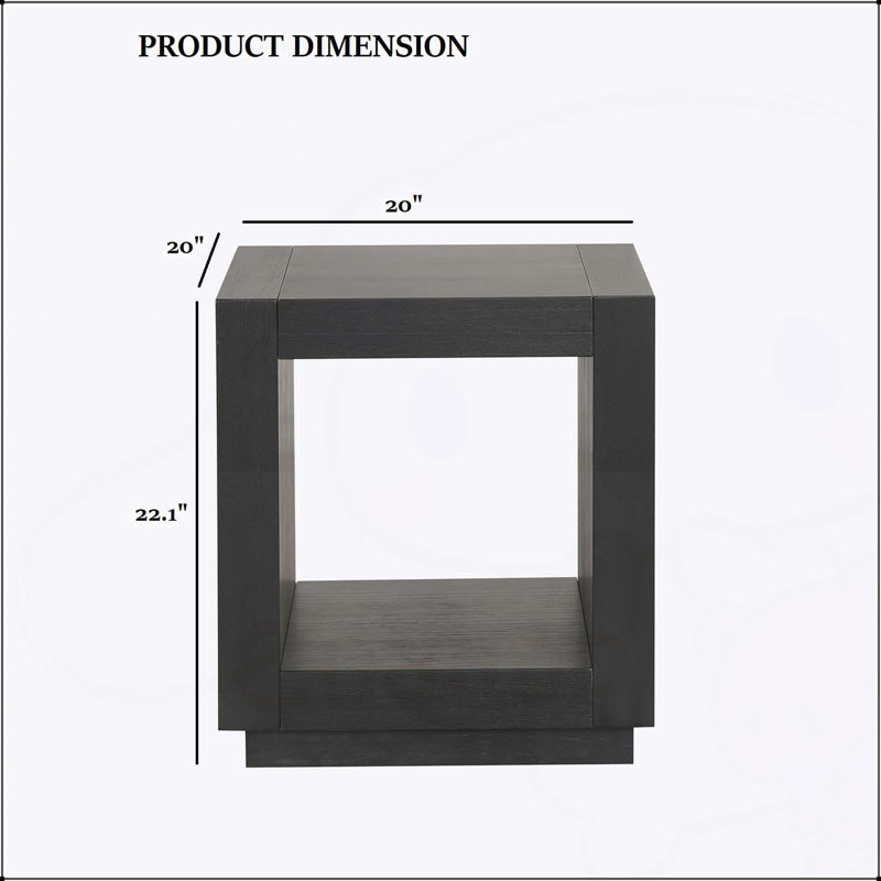 Table de bout carrée de style contemporain avec base de socle et tablette inférieure ouverte pour les salons modernes, Noir