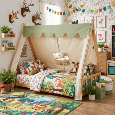 Lit de cabane en bois pour enfant (taille simple) avec tente amovible et décorations en bois de cerf, cadre de lit cabane blanc