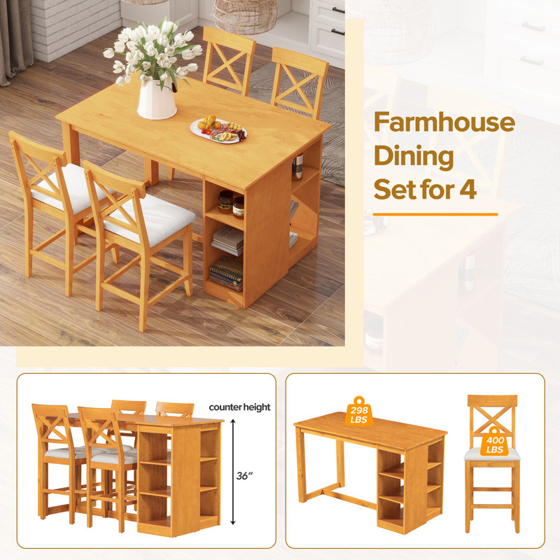 Ensemble de salle à manger à hauteur de comptoir 5 pièces pour 4 personnes avec tablette de rangement à 3 niveaux Farmhouse