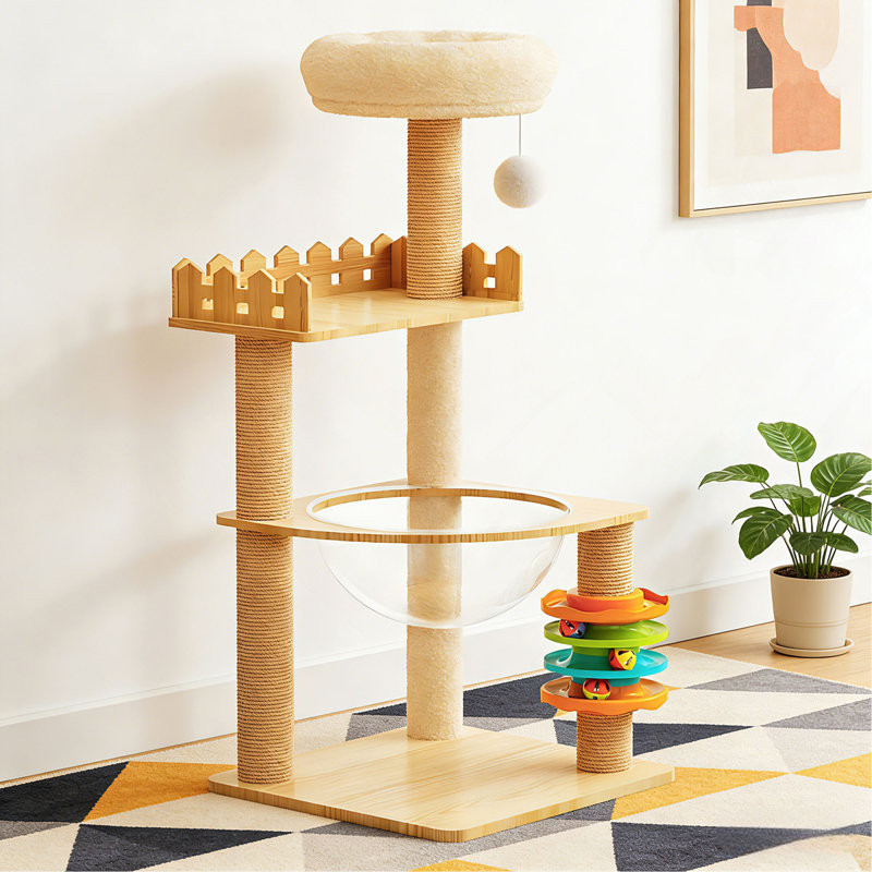 Tour à chat moderne de 39,3 po, tour à chat en bois pour chats d'intérieur, arbre à chat avec poteaux à griffes recouverts de sisal et perchoir supérieur, condo pour chat avec hamac en acrylique et jouets pour petits chats de grande taille