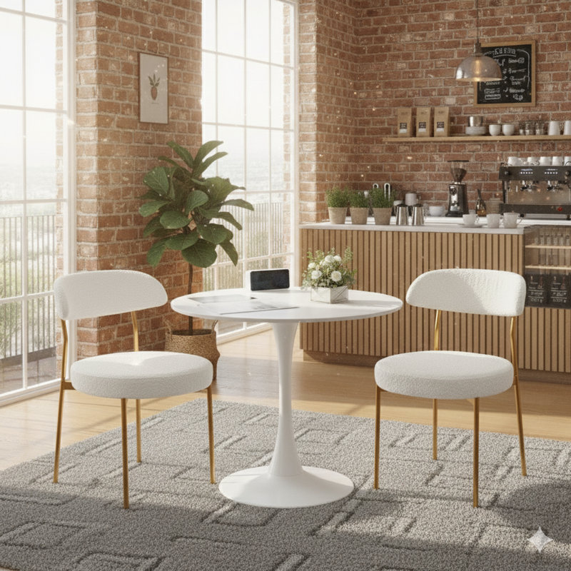 Ensemble de table de salle à manger rond avec 2 chaises, Blanc, Blanc / Doré
