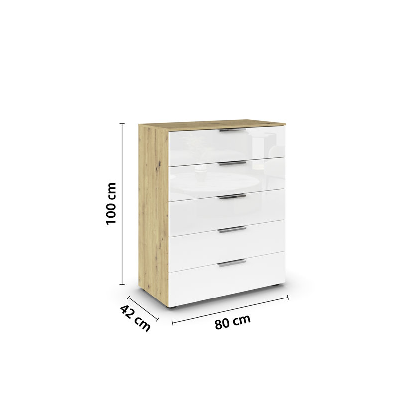 Flipp 5 - Drawer Chest of Drawers, Artisan Oak/White Glass/Chrome
