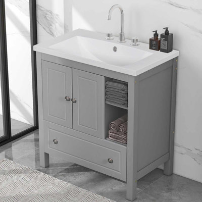 30"" Bathroom Vanity With Ceramic Basin, Solid Wood Bathroom Storage Cabinet With Two Doors And Drawers -  TOLOYE, YSYJ-BRGS-Y36