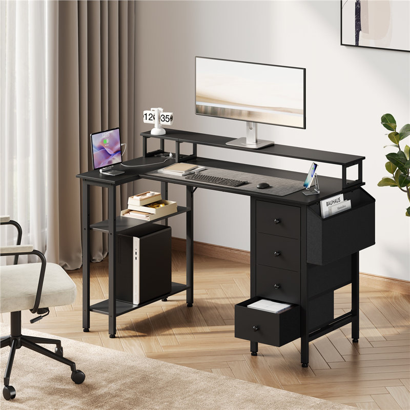 L-Shaped Computer Desk with Power Outlet, Black, 120cm L x 68cm W x 86.5cm H