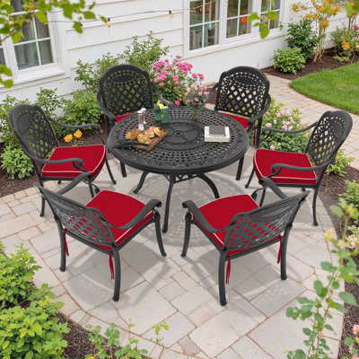 6-Person 47.24" Round Patio Dining Set with Umbrella Hole, 6 Stackable Chairs with Red Cushions