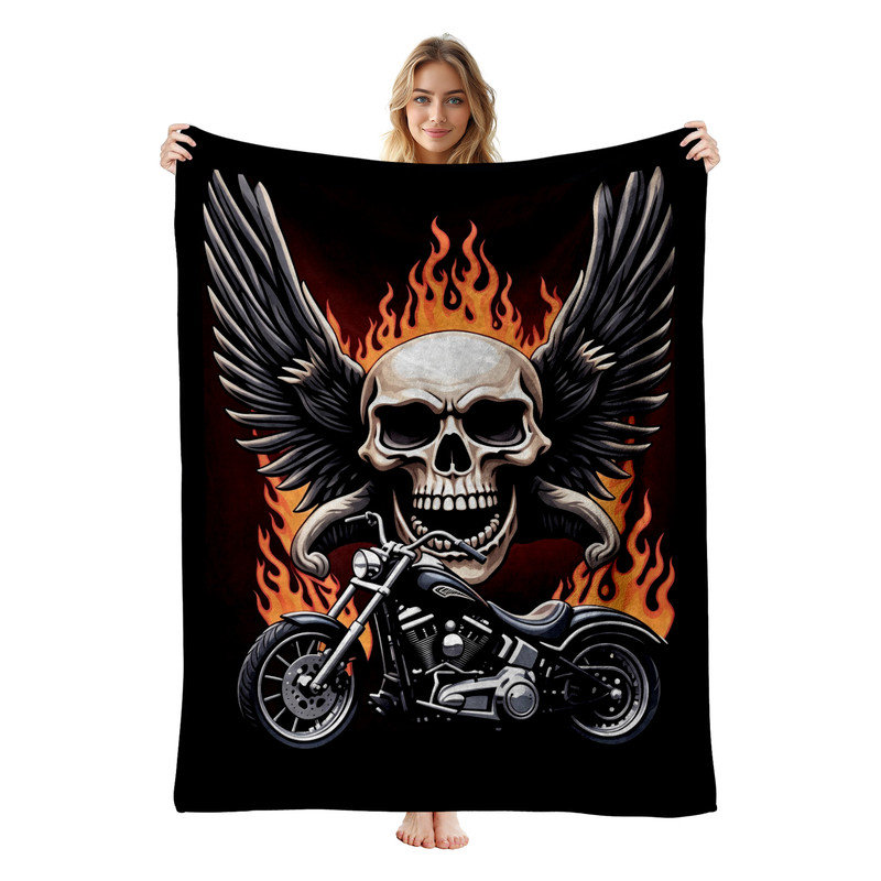 Couverture polaire en flanelle JYK Halloween, légère, respirante, douce et chaude en microfibre pelucheuse, 127 x 152 cm, motif tête de mort et moto enflammée