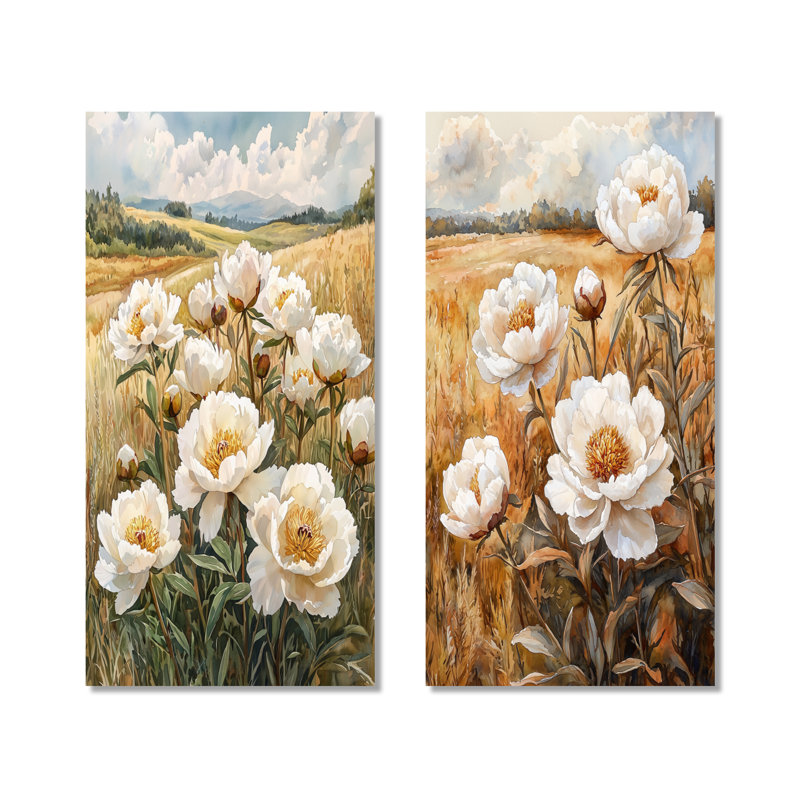 Pivoines le long de la campagne I - ensemble de 2 décorations murales en métal surdimensionné, 32" H x 32" W