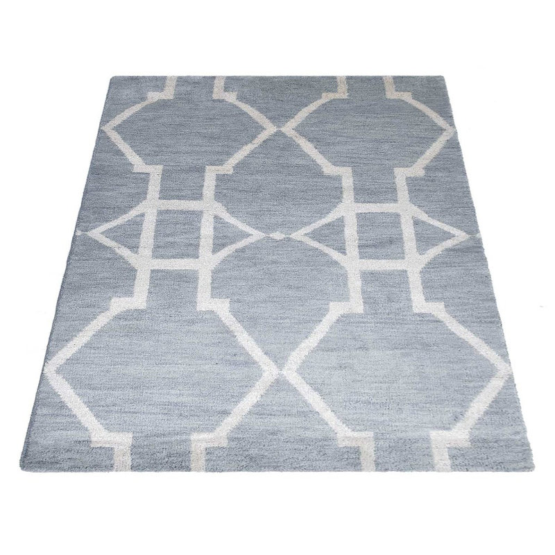 Gris clair | Tapis d'intérieur blanc géométrique en laine blanc, Rectangle 9 pi x 12 pi