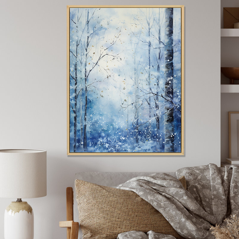 «White and Blue Winter Forest Collage II - Winter Landscape», art mural, Cadre flottant brun, H 40 po x l 30 po x P 1,5 po