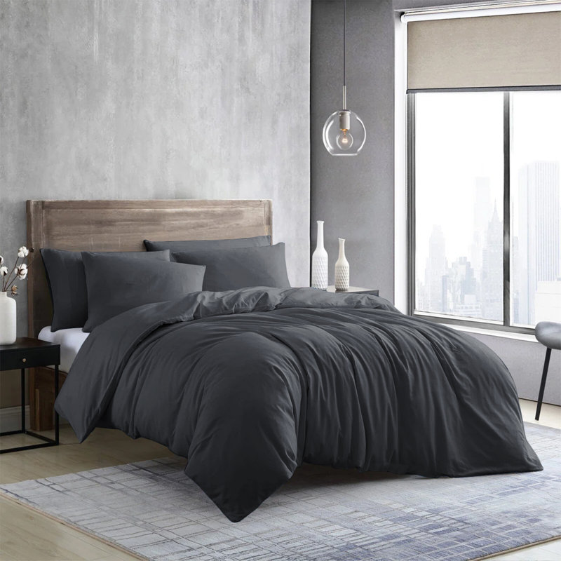Edyson Microfiber Solid Colour Duvet Cover Set with Pillowcases, Kingsize - 2 Standard Pillowcases, Charcoal